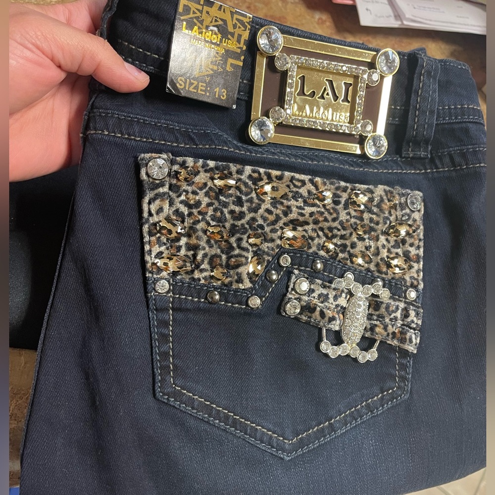 LA Idol bling leopard print jeans size 13  W:35 L:31 1/2 brand new never used .